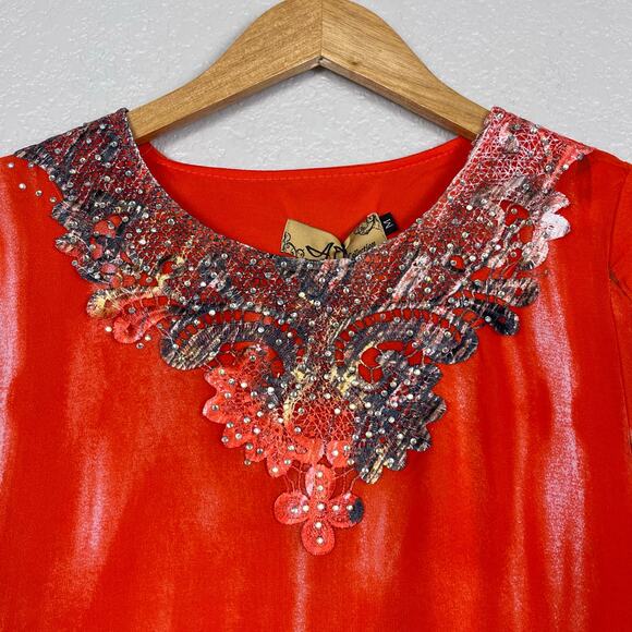 A. B Collection Womens Size Medium Orange Blue Beaded Asymmetric Tunic Blouse - Picture 5 of 8